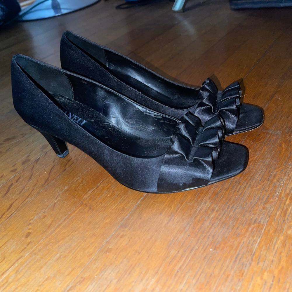 Vaneli Black Satin Ruffle Heels